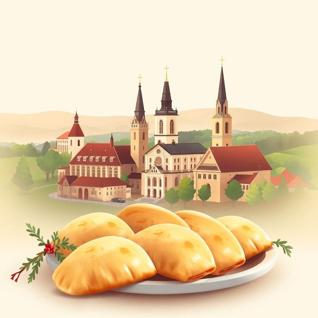 Ultra-high-definition gradient illustration of Głuchów, showcasing historic churches, scenic landscapes, and traditional Polish dishes like pierogi.
