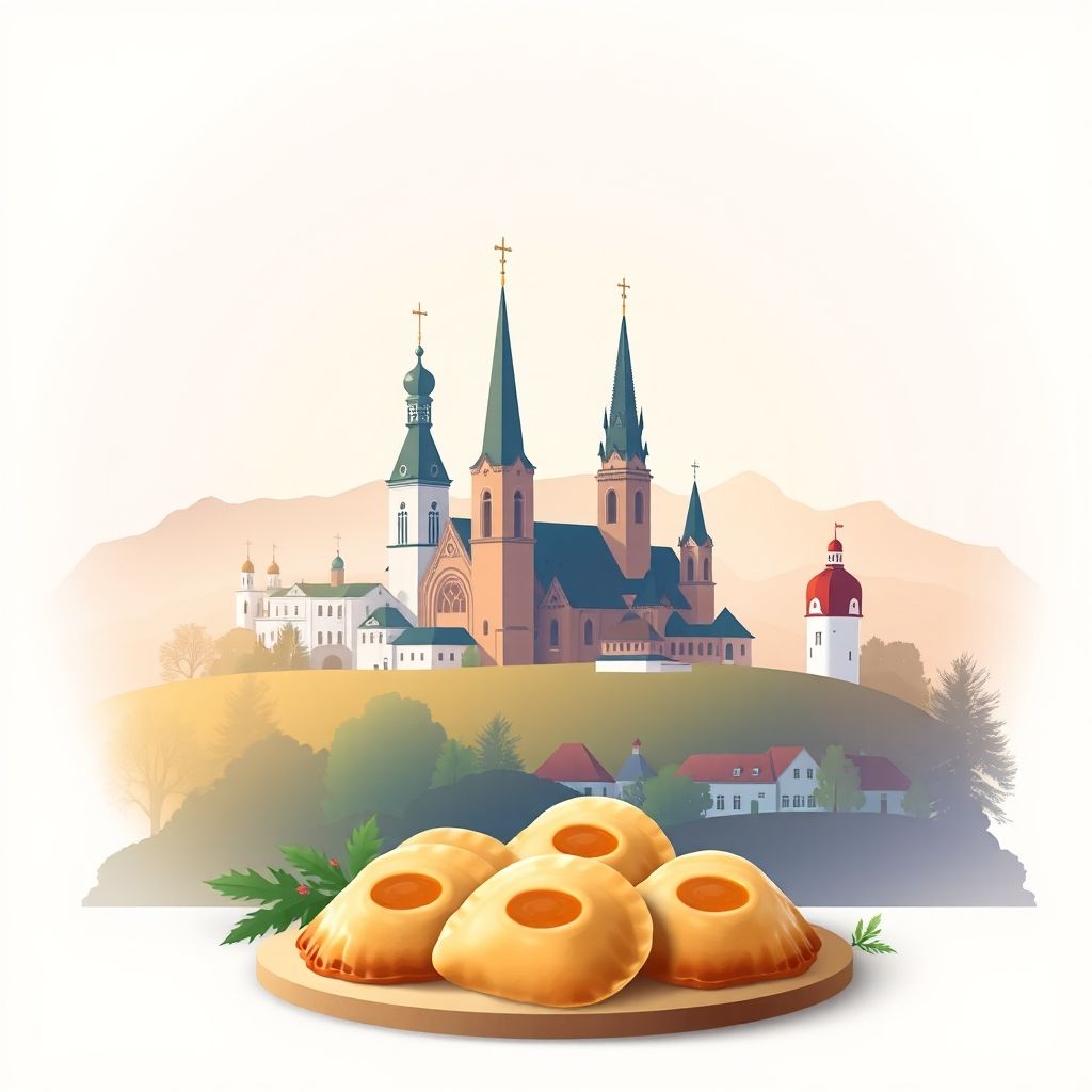 Ultra-high-definition gradient illustration of Miłki, featuring historic churches, Masurian Lake District, and pierogi.