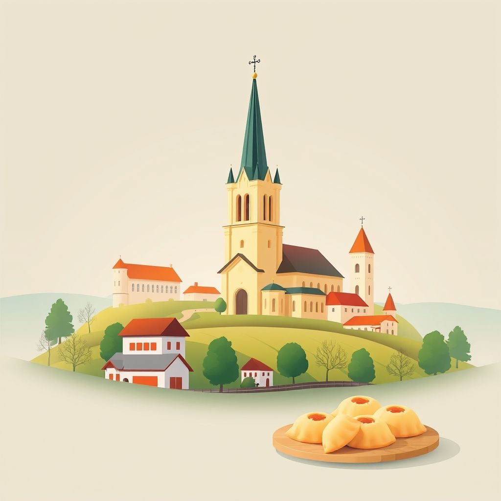 Ultra-high-definition gradient illustration of Cisek, Poland, featuring the historic Church of St. Stanislaus, rural landscapes, and pierogi.