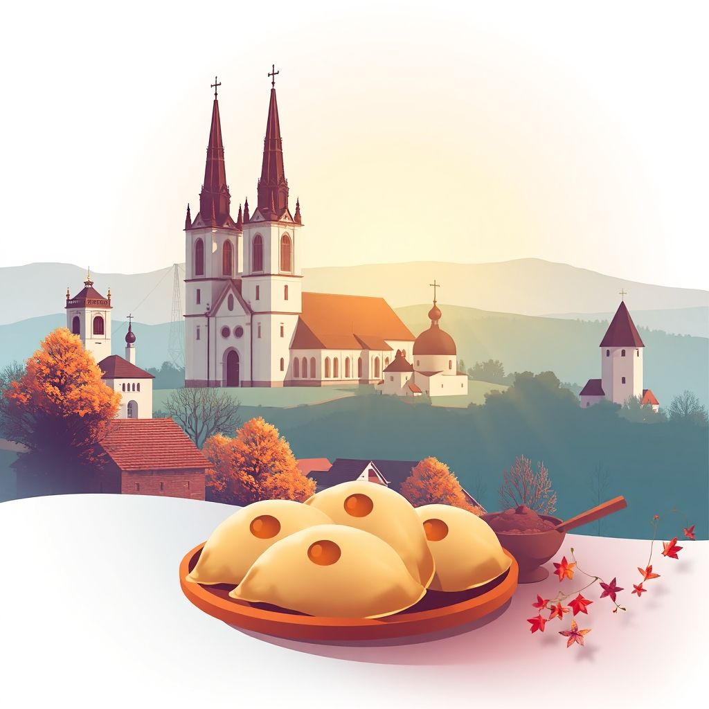 Ultra-high-definition gradient illustration of Płoniawy-Bramura, featuring the Church of St. Stanislaus, landscapes, and pierogi.