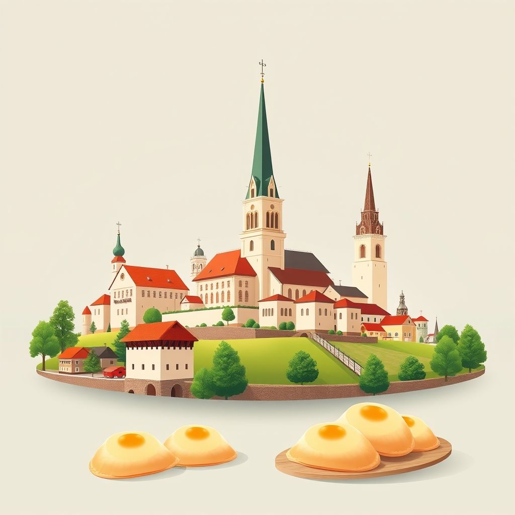 Ultra-high-definition gradient illustration of Granowo, featuring historic churches, picturesque countryside, and local specialties like pierogi.