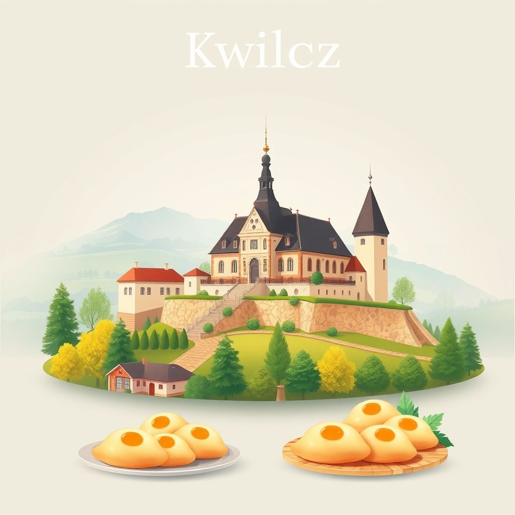 Ultra-high-definition gradient illustration of Kwilcz, featuring Kwilcz Manor House, countryside landscapes, and pierogi.