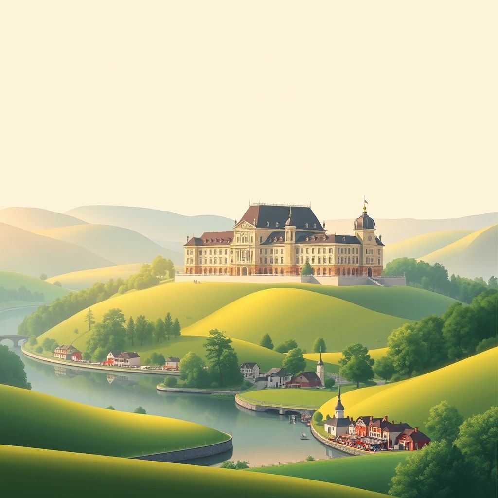 Ultra-high-definition gradient illustration of Obrowo, featuring the historic Obrowo Palace, Vistula River, and local specialties like pierogi.