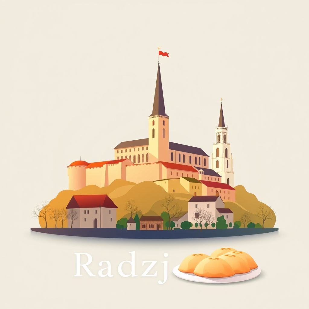 Gradient illustration of Radziejów featuring Radziejów Castle, the Church of St. Peter and Paul, and local specialty pierogi.