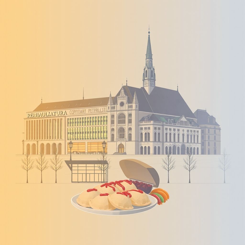 Gradient illustration of Regnów, Powiat rawski, Lodz Voivodeship, Poland, featuring Manufaktura, Piotrkowska Street, and traditional pierogi.