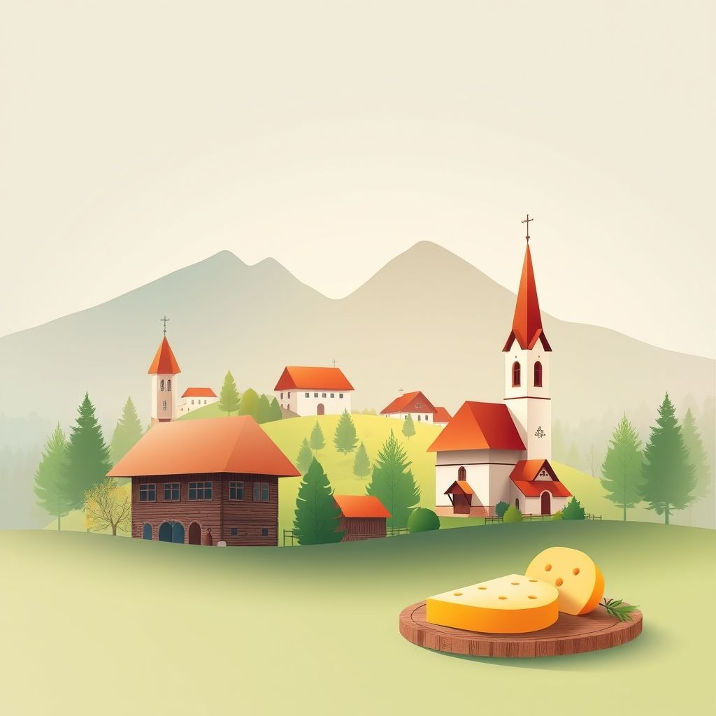 Ultra-high-definition gradient illustration of Mucharz featuring Beskid Mountains, historic wooden churches, and oscypek cheese.
