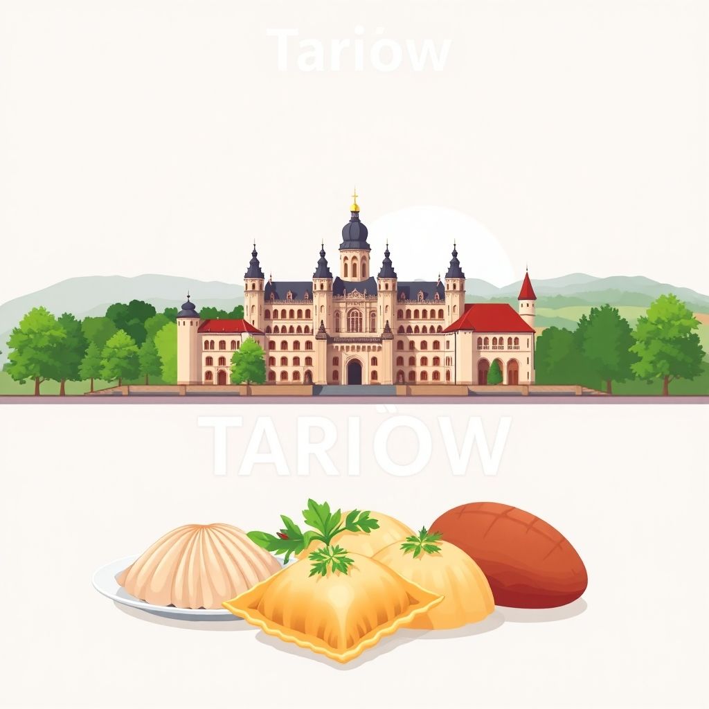 Gradient illustration of Tarłów, Poland, featuring Tarłów Palace, countryside landscapes, and local specialties like pierogi.