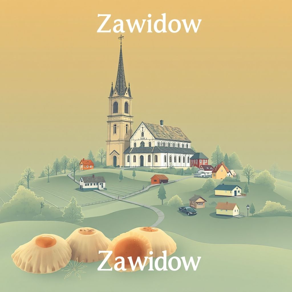 Ultra-high-definition gradient illustration of Zawidów, featuring St. Joseph's Church, rural landscapes, and pierogi.