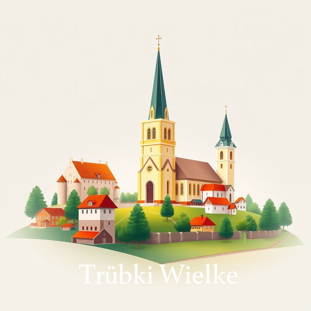 Ultra-high-definition gradient illustration of Trąbki Wielkie featuring St. Nicholas Church, rural landscapes, Kashubian embroidery, and Polish pierogi.