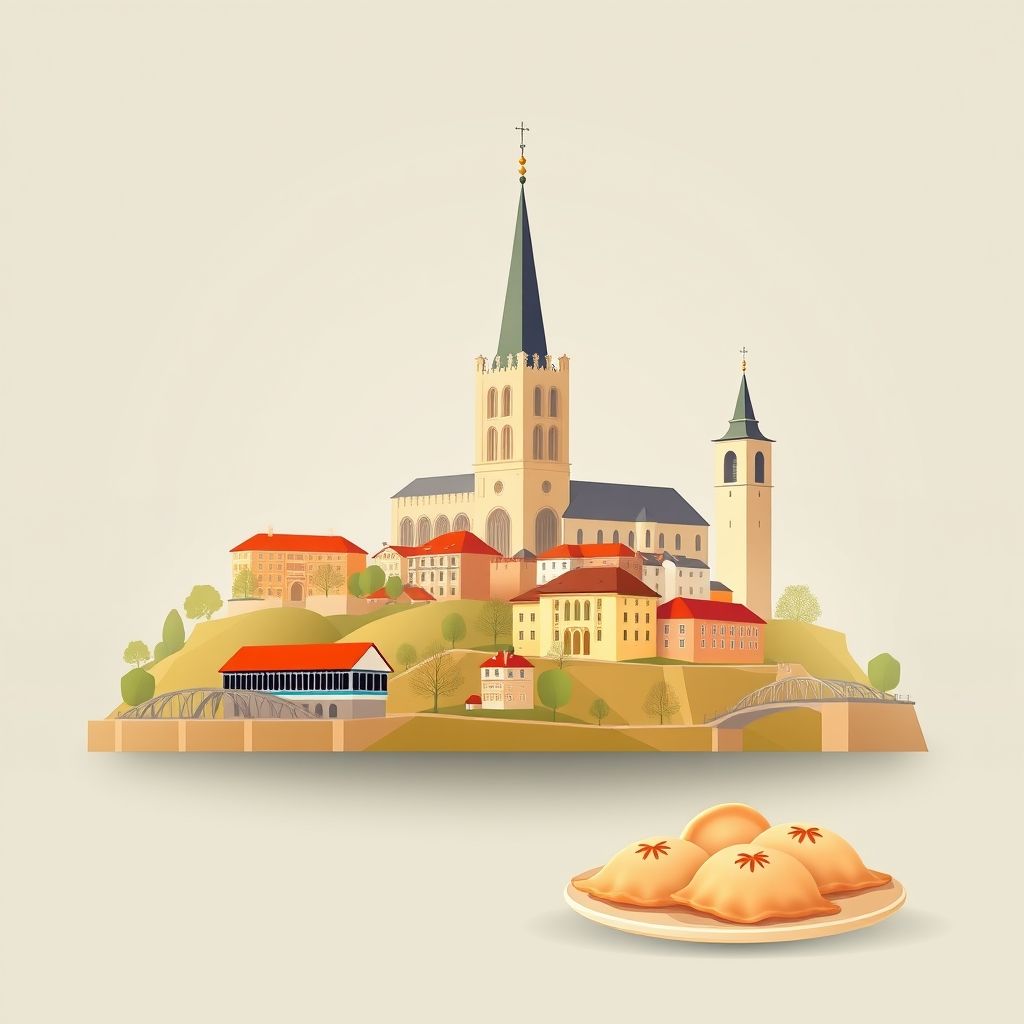 High-definition gradient illustration of Czerwińsk nad Wisłą featuring Czerwińsk Abbey, the Vistula River, and pierogi.