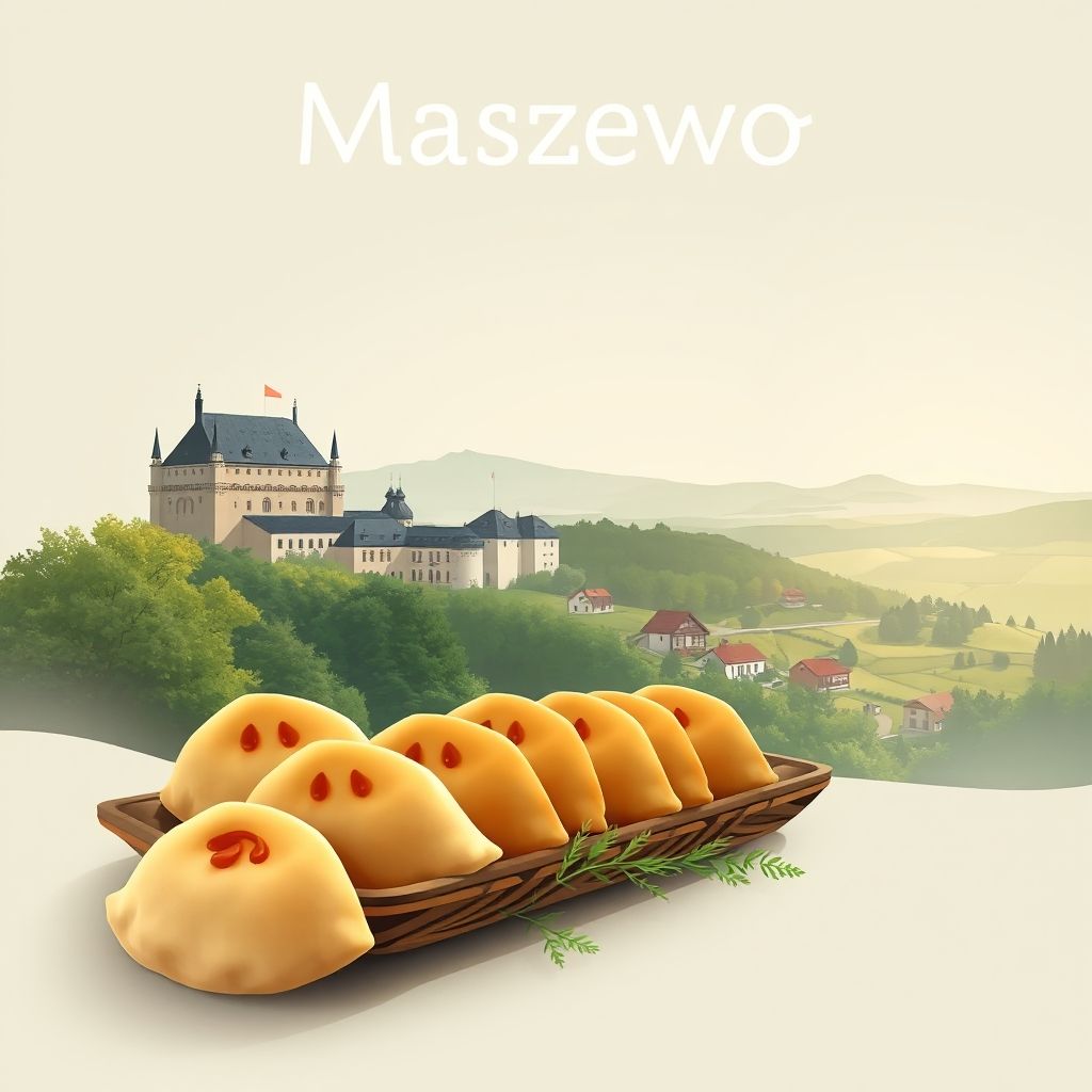 Gradient illustration of Maszewo, featuring Maszewo Castle, scenic countryside, and Polish pierogi, highlighting the unique charm of the region.