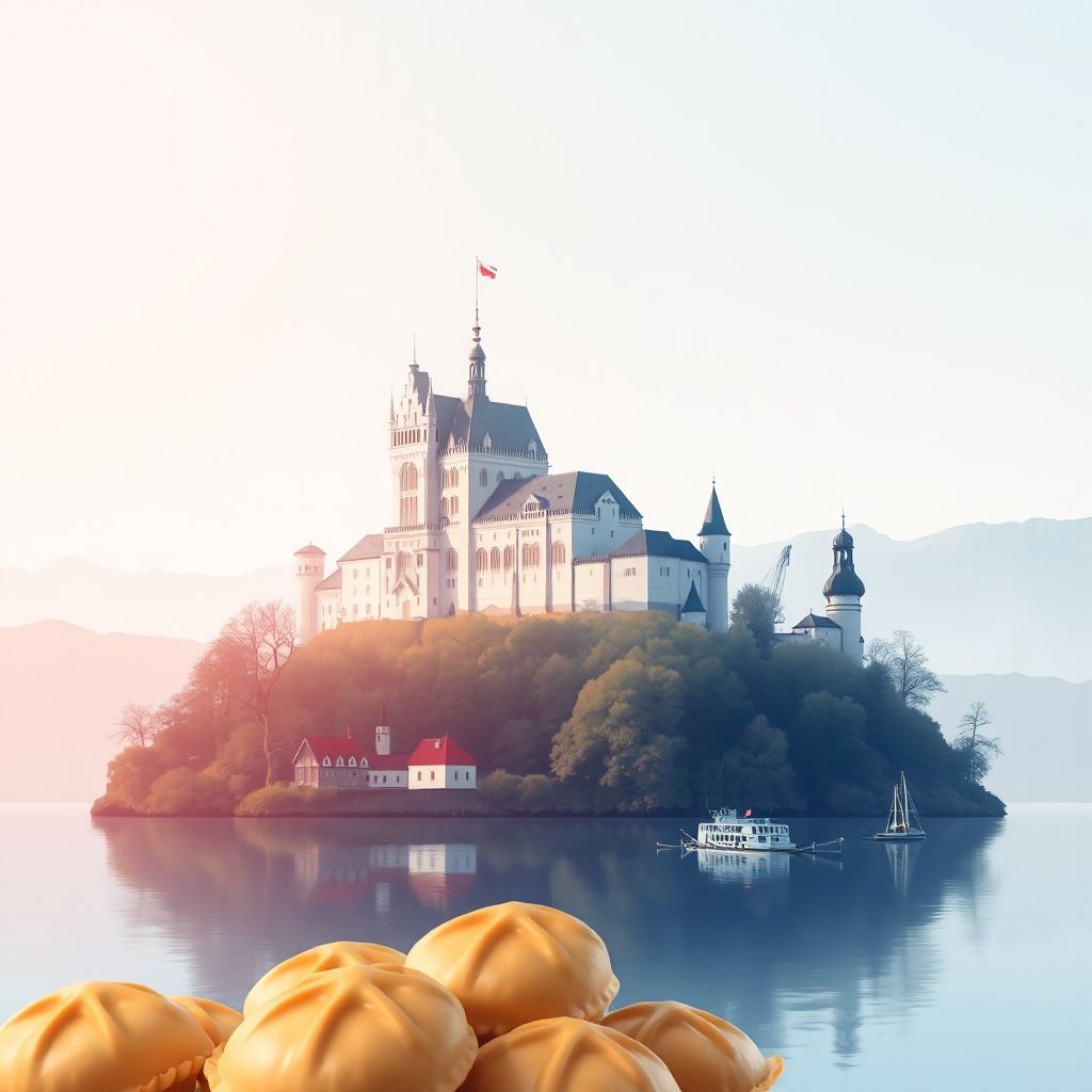 Ultra-high-definition gradient illustration of Ińsko, featuring Ińsko Castle, Ińsko Lake, and Polish pierogi, highlighting the region's unique charm.