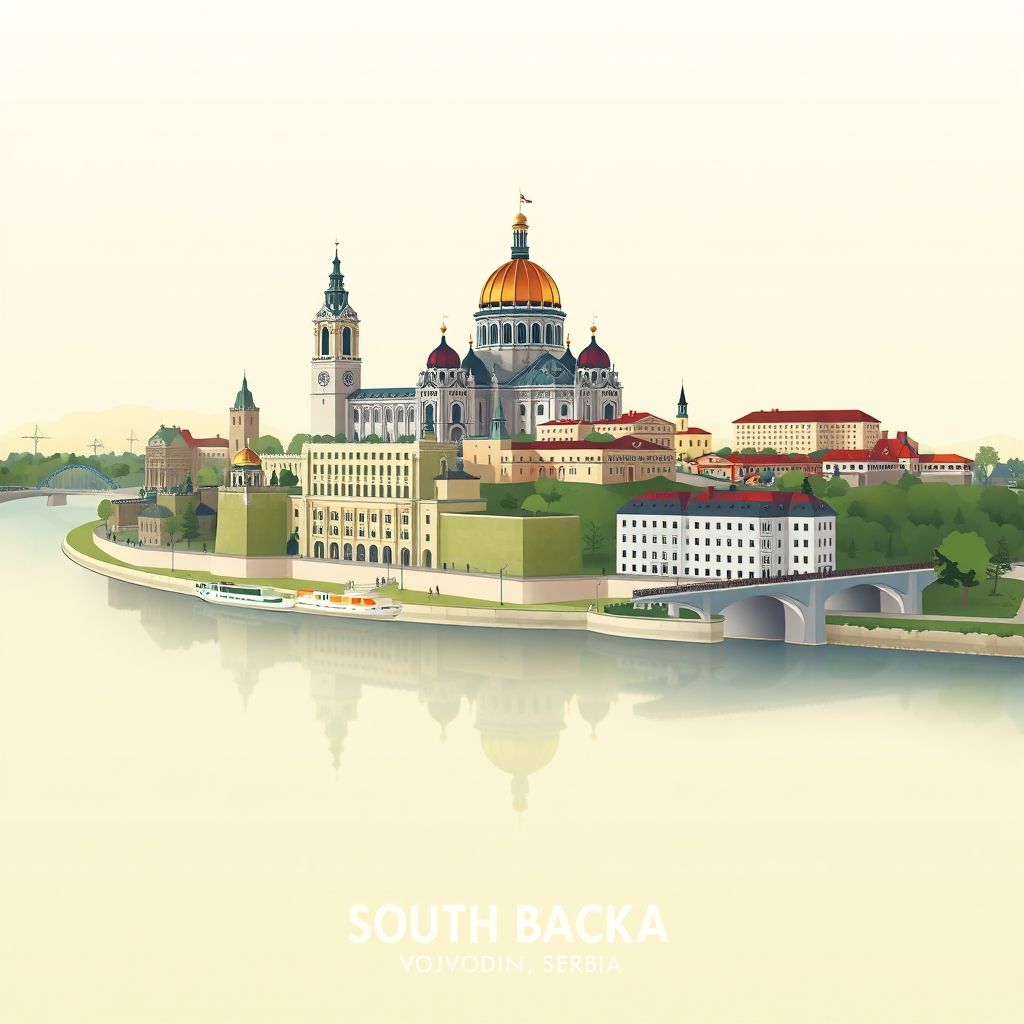 Ultra-high-definition gradient illustration style South Backa illustration, showing the unique charm of the Novi Sad Cathedral, the Petrovaradin Fortress, and the Danube River.