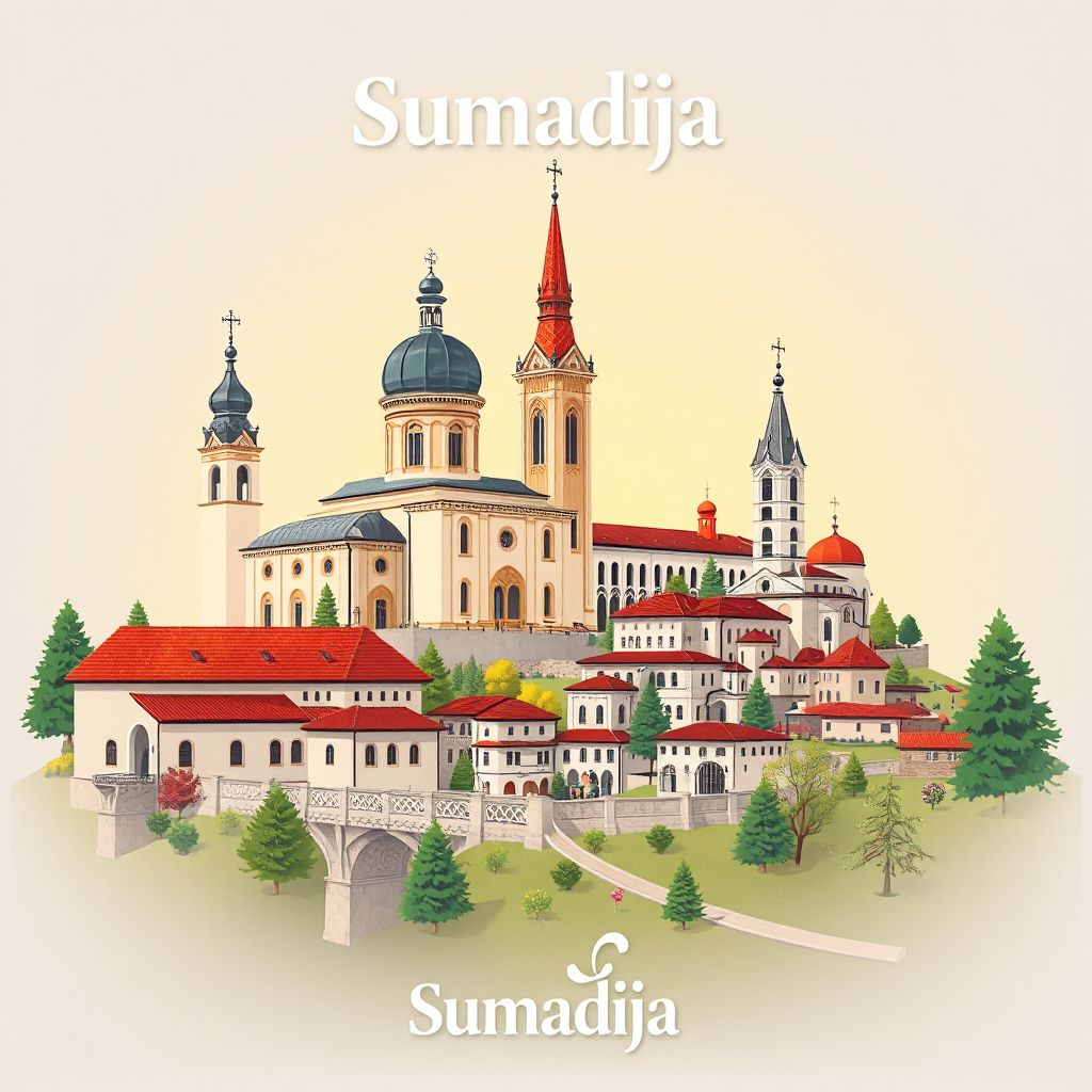Ultra-high-definition gradient illustration style Sumadija illustration, showing the unique charm of the Oplenac Church, the Manasija Monastery, and traditional Serbian cuisine like Sarma.