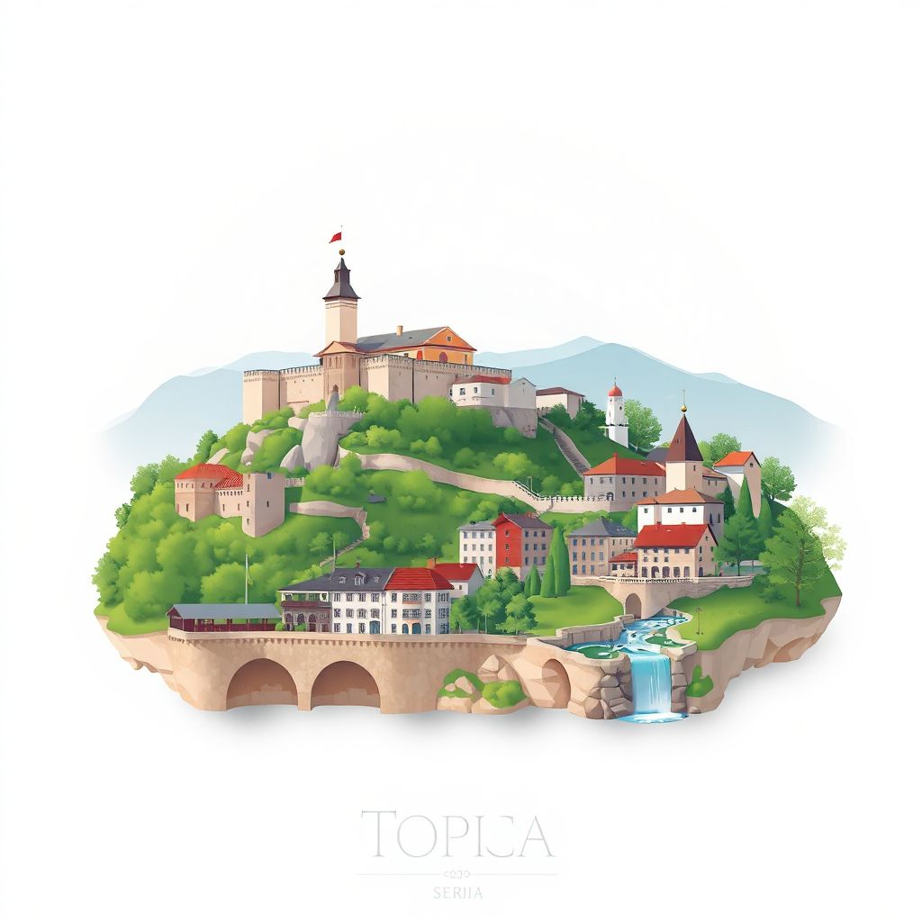 Ultra-high-definition gradient illustration style Toplica illustration, showing the unique charm of the Prokuplje Fortress and the Toplica Springs.