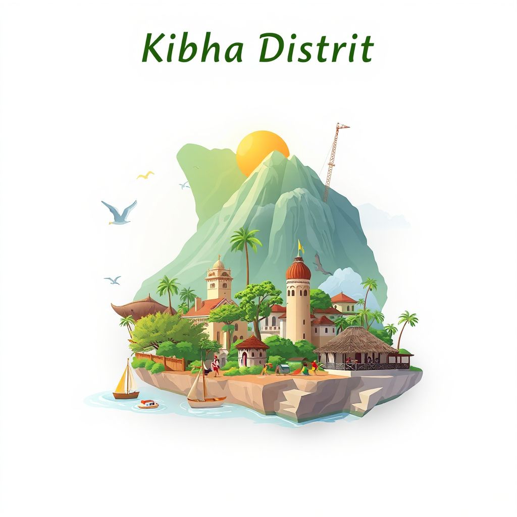 Ultra-high-definition gradient illustration style Kibaha District illustration, showing the unique charm of the Saadani National Park, the Bagamoyo Historical Town, and the local Zanzibar Pizza.
