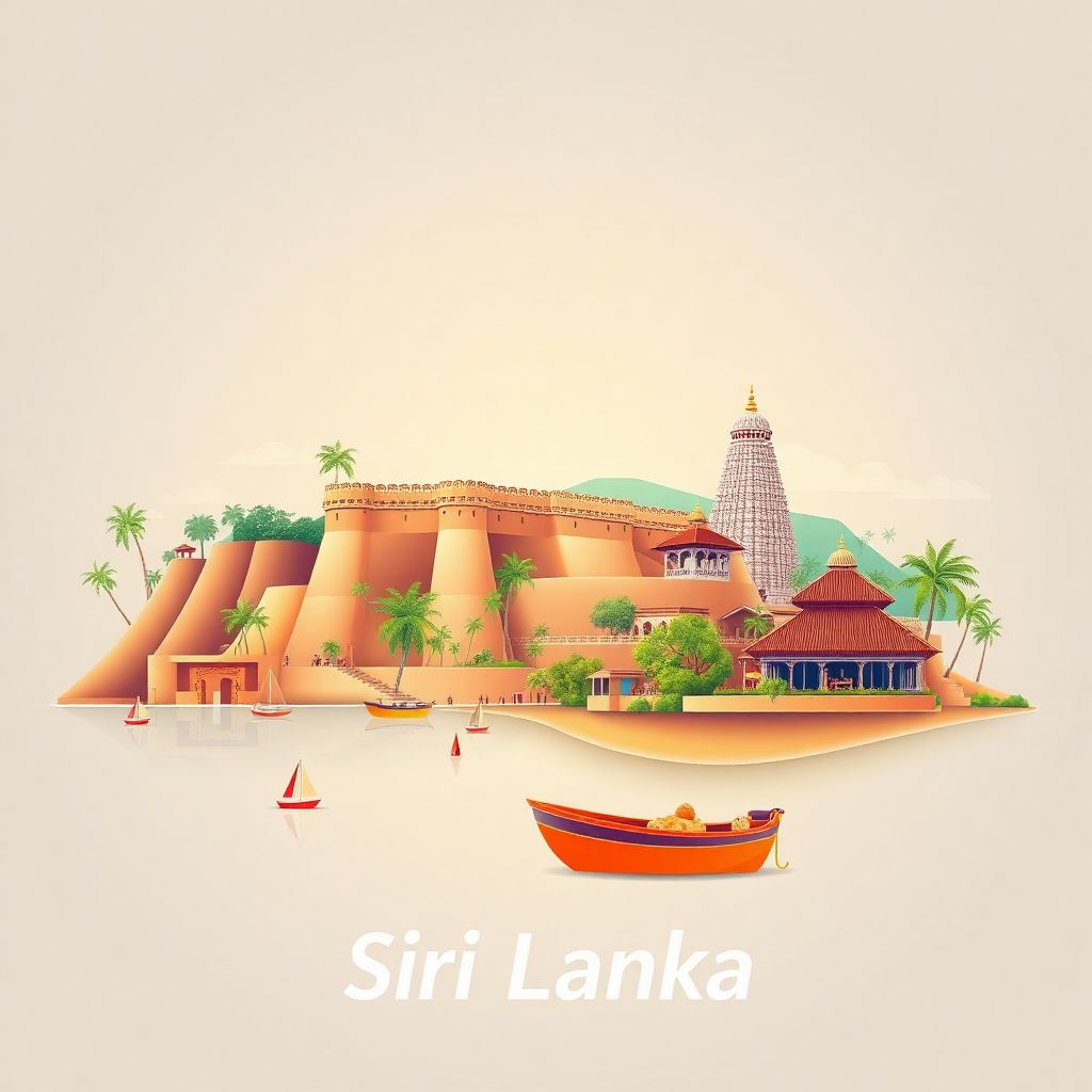 High-definition gradient illustration of Northern Province, Sri Lanka, featuring Jaffna Fort, Nallur Kandaswamy Temple, and traditional Tamil cuisine.