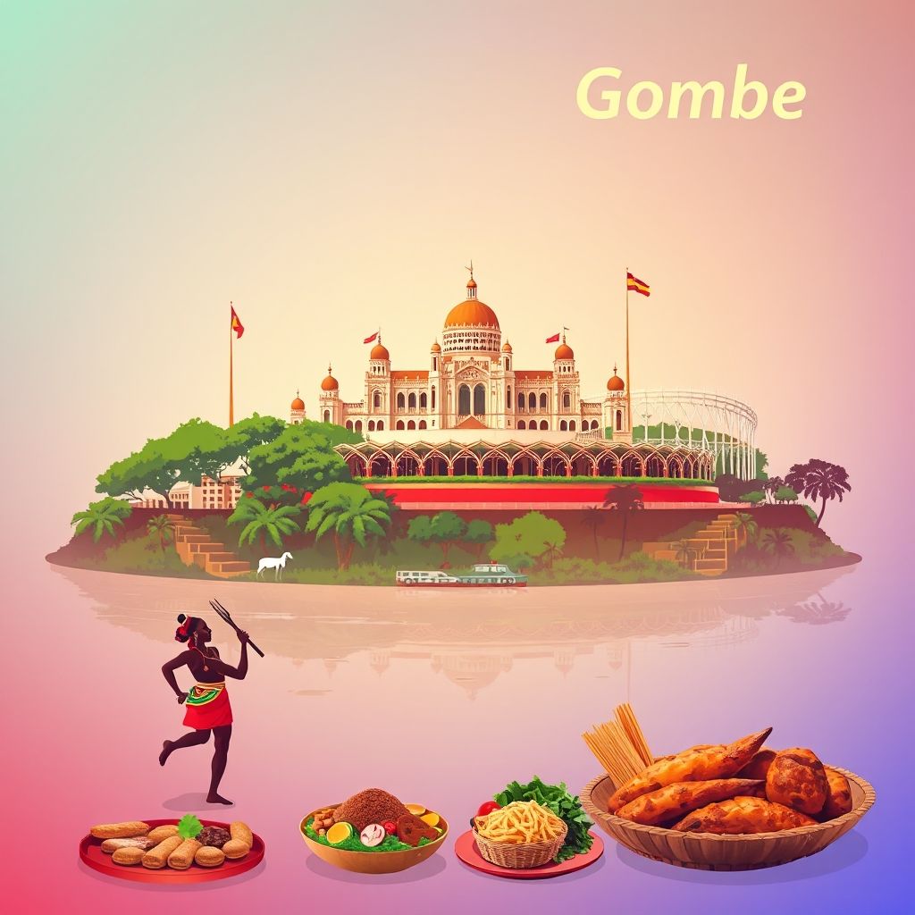 Ultra-high-definition gradient illustration of Gombe, featuring the Palais de la Nation, Stade des Martyrs, Congolese dancers, Congo River, and local cuisine like Fufu and Pondu.