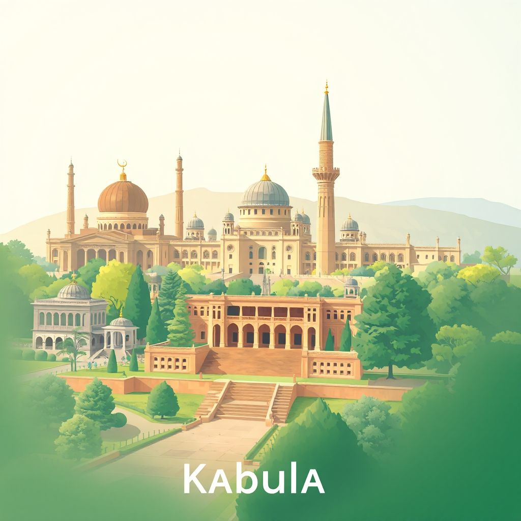 Ultra-high-definition gradient illustration style Kabul illustration, showing the unique charm of the Babur Gardens, the Kabul Museum, and the Minaret of Jam.