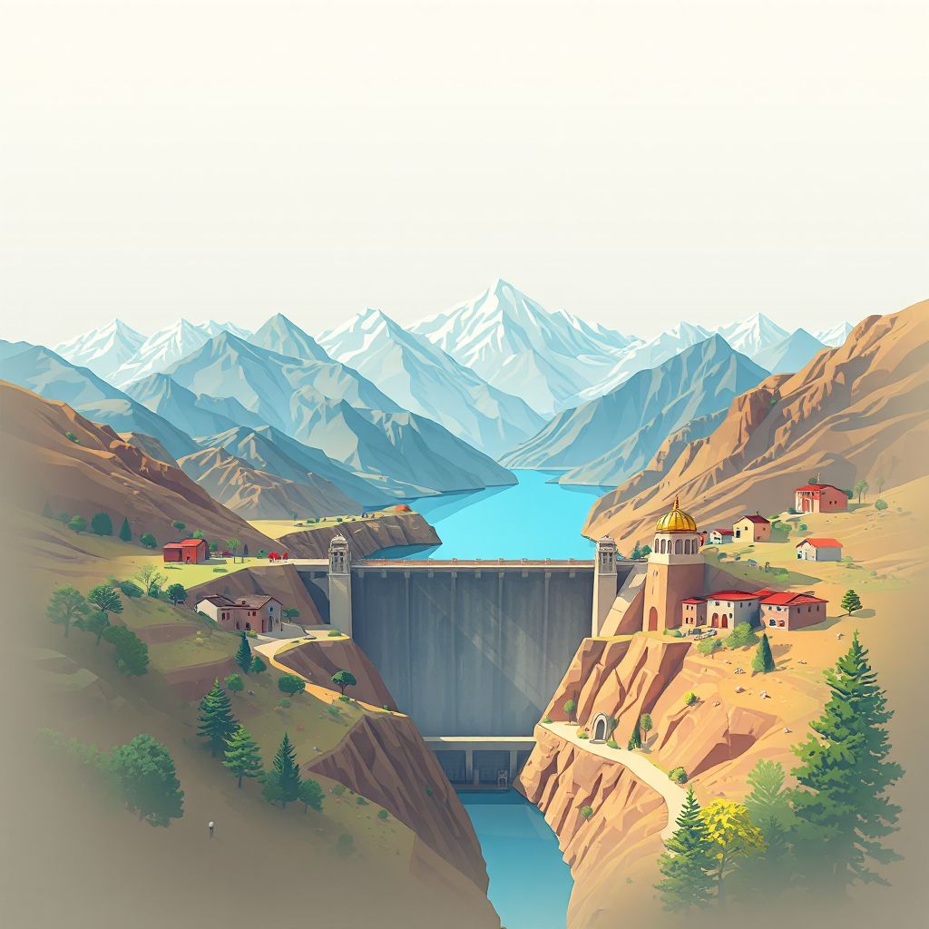Ultra-high-definition gradient illustration style Surobi illustration, showing the unique charm of the Surobi Dam and the surrounding mountains.