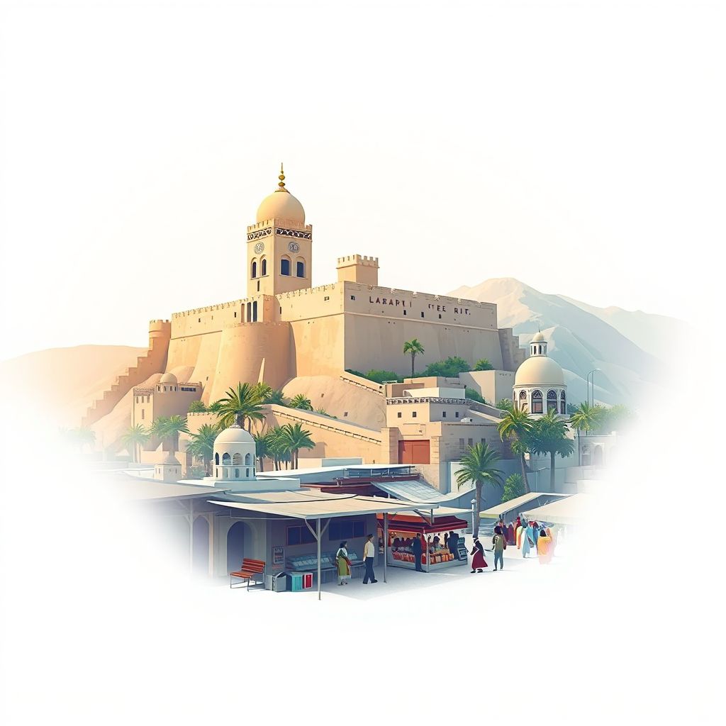 Ultra-high-definition gradient illustration style Qalat illustration, showing the unique charm of the Qalat Citadel and the local traditional market.