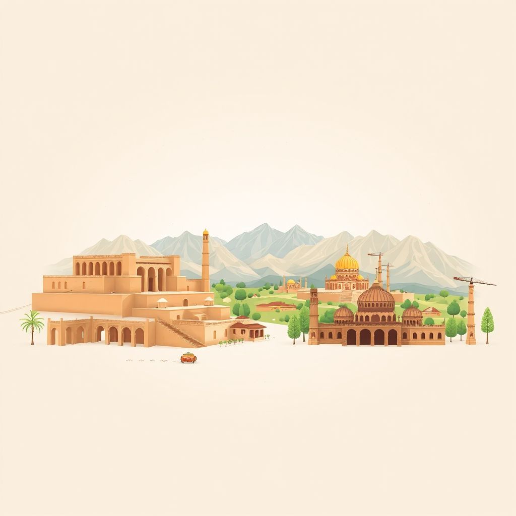 Ultra-high-definition gradient illustration style Surkhi Parsa illustration, showing the unique charm of the ancient ruins of Baghram, the beautiful landscapes of the Parwan Valley.