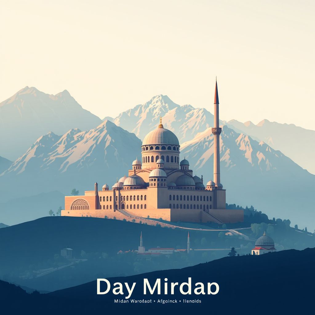 Ultra-high-definition gradient illustration style Day Mirdad illustration, showing the unique charm of the Day Mirdad Mosque and the surrounding mountains.