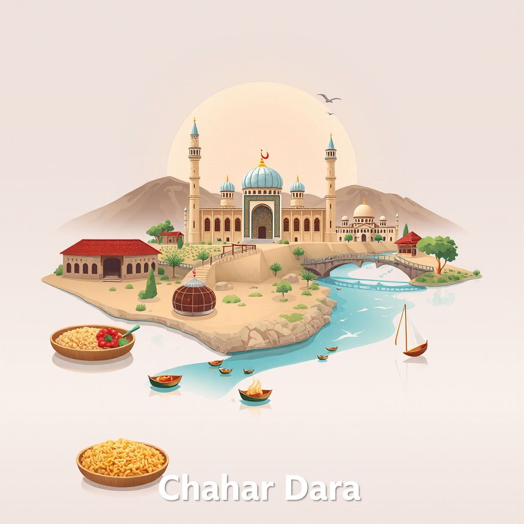 Ultra-high-definition gradient illustration style Chahar Dara illustration, showing the unique charm of the Kunduz River, the Chahar Dara Mosque, and Kabuli Pulao.