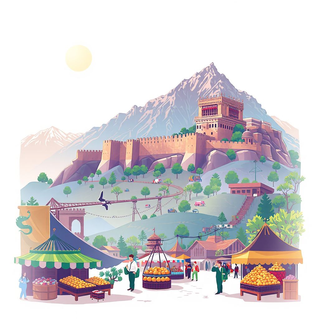 Ultra-high-definition gradient illustration style Tani illustration, showing the unique charm of the Khowst Fortress, the surrounding mountains, and Mantu.