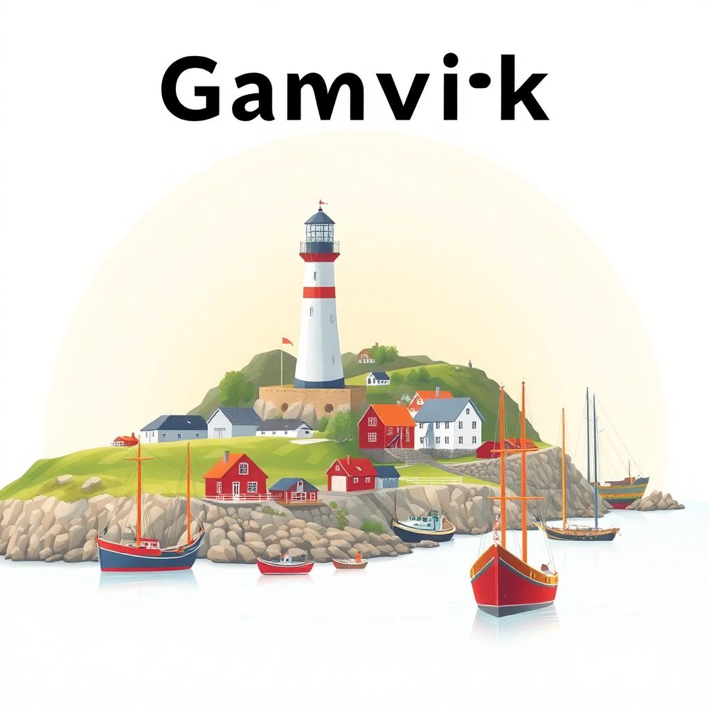 Ultra-high-definition gradient illustration style Gamvik illustration, showcasing the Slettnes Lighthouse, the picturesque coastline, and traditional fishing boats.