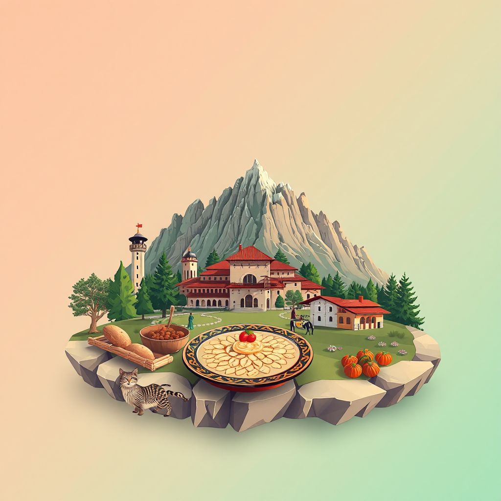 Ultra-high-definition gradient illustration style Komuna e Zhepes illustration, showing the unique charm of the Tomorr National Park and traditional Albanian cuisine, such as Fëgesë.