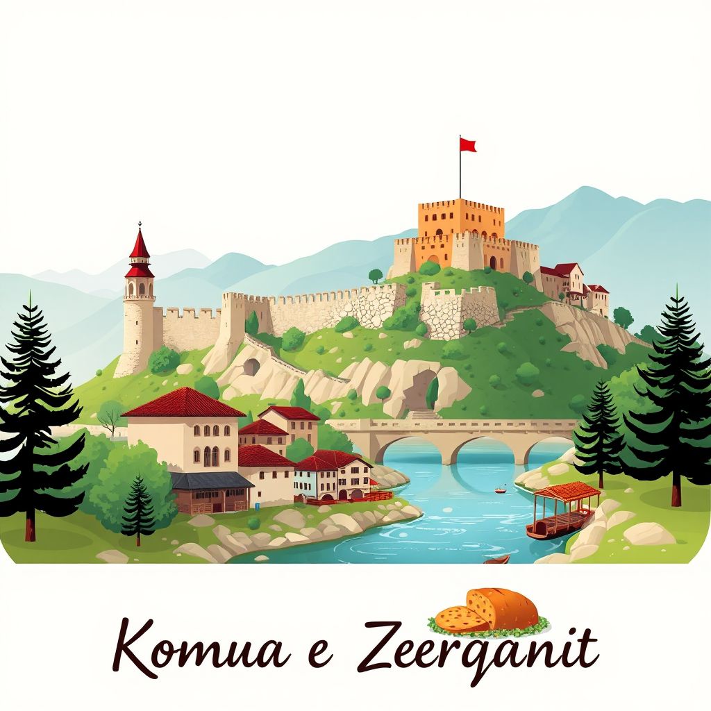 Ultra-high-definition gradient illustration style Komuna e Zerqanit illustration, showing the unique charm of the historic Bulqize Castle and the scenic Diber River.