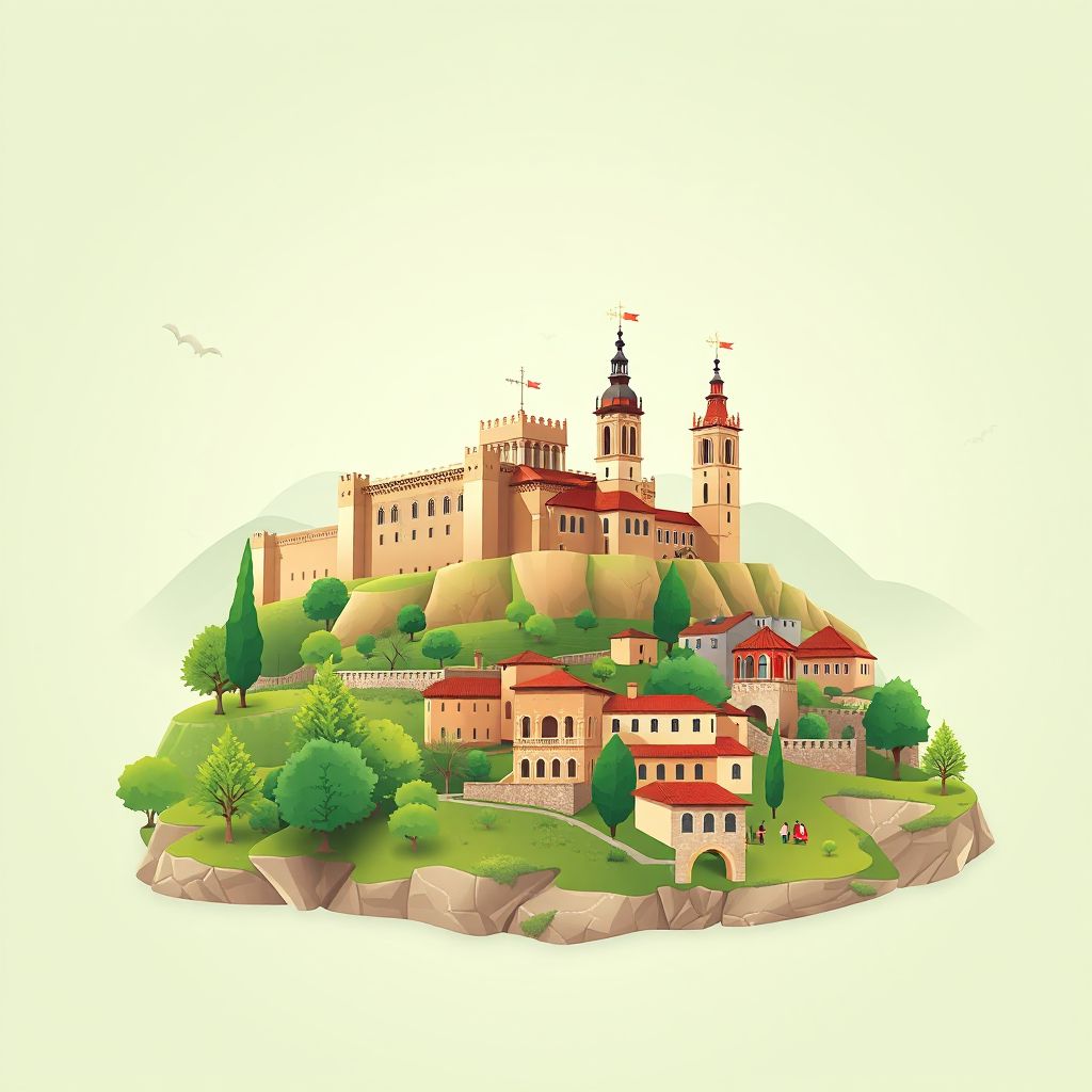 Ultra-high-definition gradient illustration style Komuna e Zavalines illustration, showing the unique charm of the Elbasan Castle and the Church of Saint Mary.