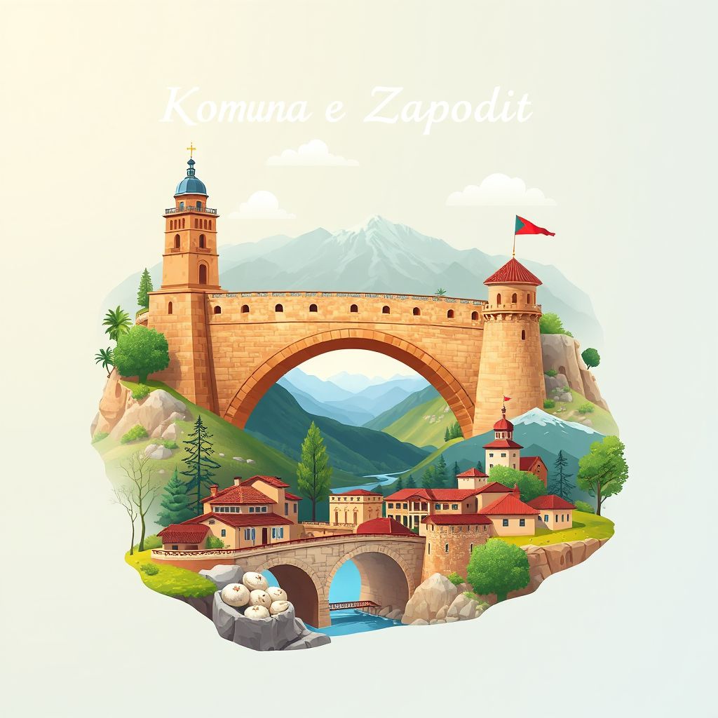 Ultra-high-definition gradient illustration style Komuna e Zapodit illustration, showing the unique charm of the historic bridge, beautiful landscapes, and traditional Albanian cuisine.