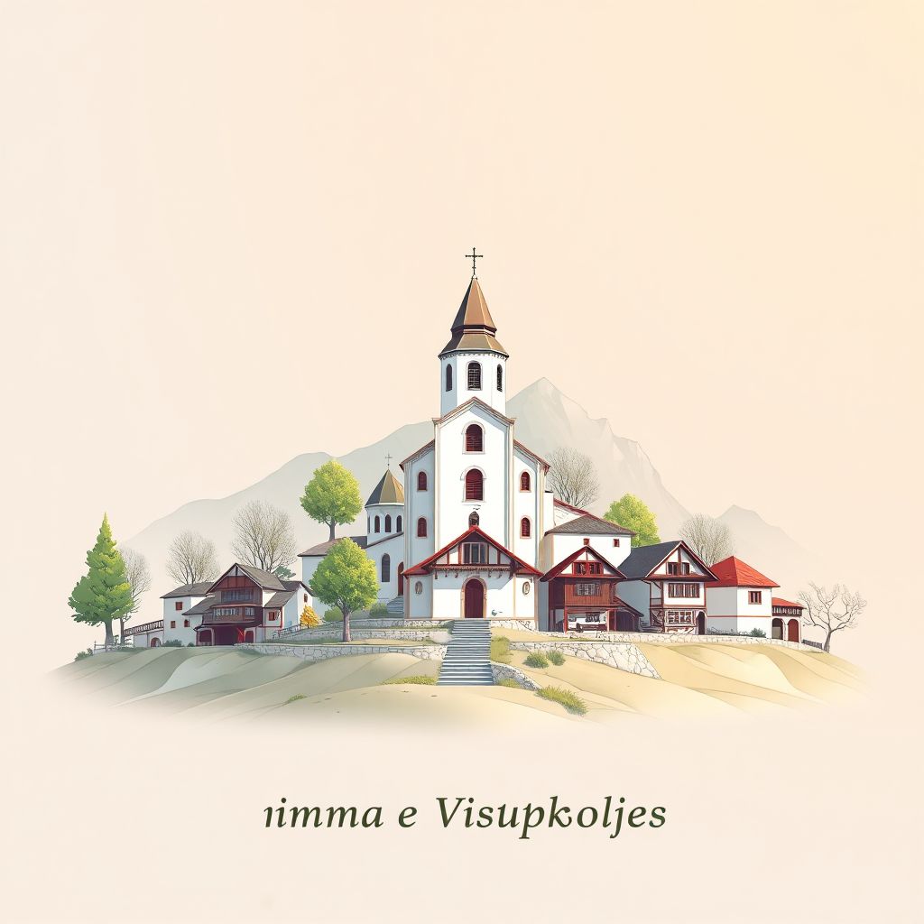 Ultra-high-definition gradient illustration style of Komuna e Voskopojes, featuring the Voskop Church and traditional Albanian village houses.