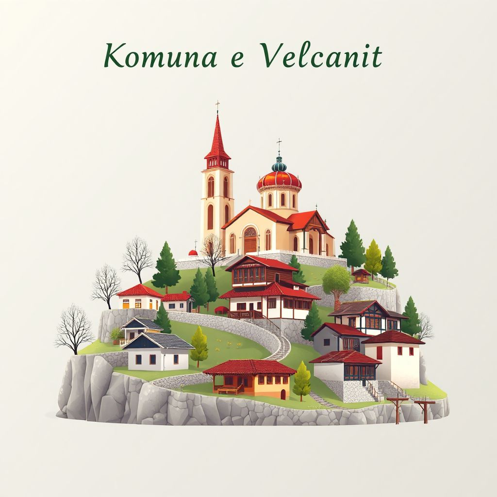 Ultra-high-definition gradient illustration style Komuna e Velcanit illustration, showing the unique charm of the Church of Saint Mary, traditional Albanian houses, and Tavë Kosi.