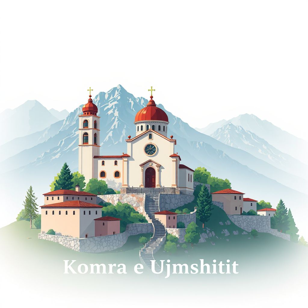 Ultra-high-definition gradient illustration style Komuna e Ujmishtit illustration, showing the unique charm of the Church of St. Anthony of Padua and the surrounding mountains.