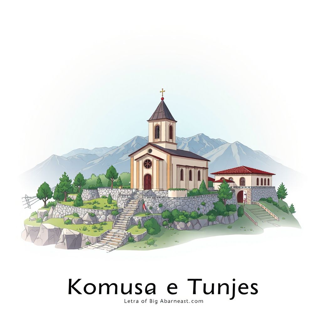 Ultra-high-definition gradient illustration style image of Komuna e Tunjes, featuring the Tunjes Church and natural landscapes.
