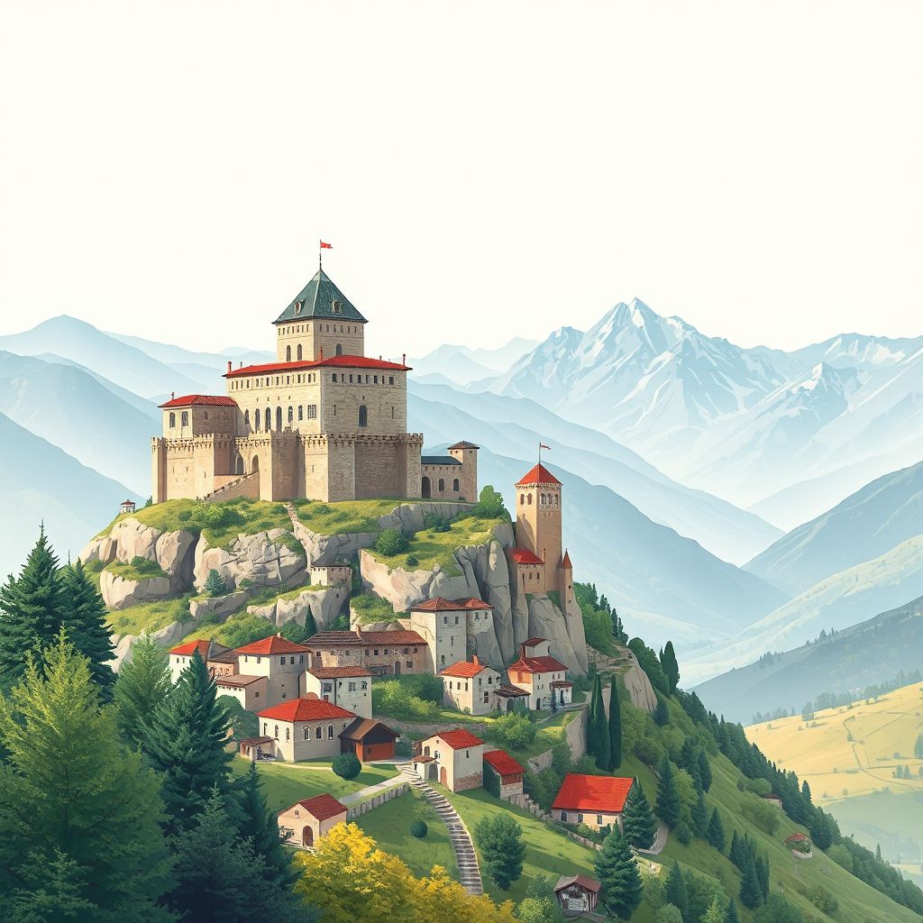 Ultra-high-definition gradient illustration style Komuna e Tropojes illustration, showing the unique charm of the Tropoja Castle and the Valbona Valley.