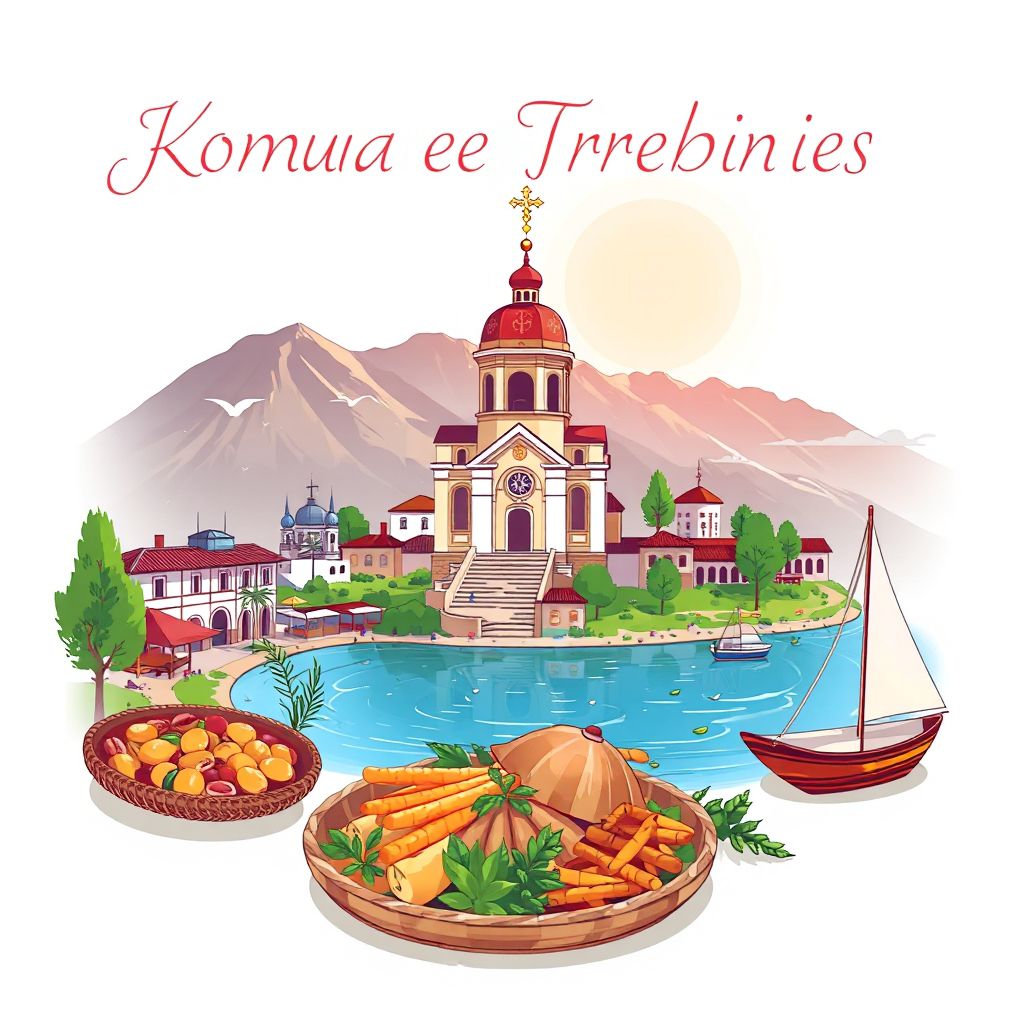 Ultra-high-definition gradient illustration style Komuna e Trebinjes illustration, showing the unique charm of the Church of Saint Athanasius and Pogradec Lake.