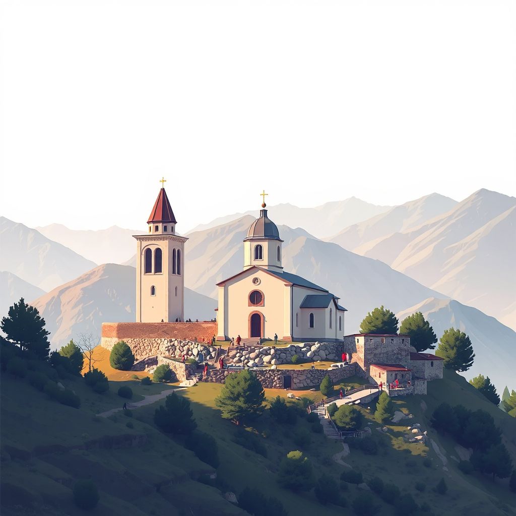 Ultra-high-definition gradient illustration style Komuna e Topojanit illustration, showing the unique charm of the Topojanit Church and the surrounding mountains.