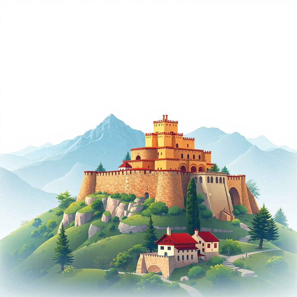 Ultra-high-definition gradient illustration style Komuna Tomin illustration, showing the unique charm of the Diber Castle and the Dibra Mountains.