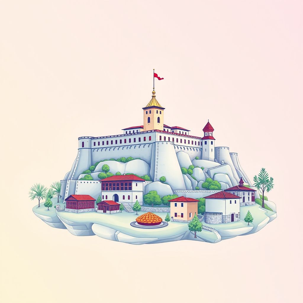 Ultra-high-definition gradient illustration of Bashkia e Tepelenes, featuring the Tepelene Castle and Albanian byrek.