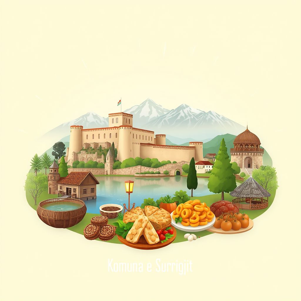 Ultra-high-definition gradient illustration style Komuna e Surrojit illustration, showing the unique charm of Kukes Castle, Kukes Lake.