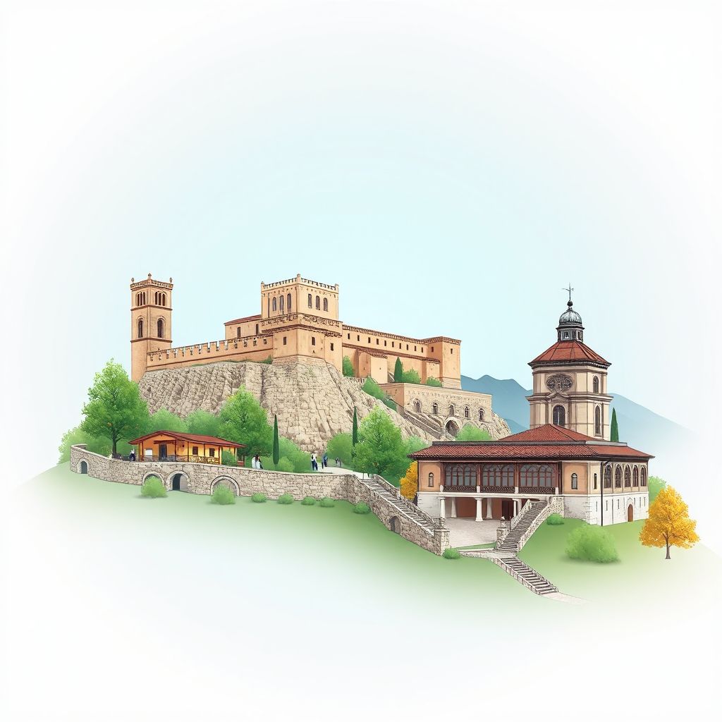 Ultra-high-definition gradient illustration of Komuna e Sukes, featuring the Gjirokaster Castle and the Ethnographic Museum.