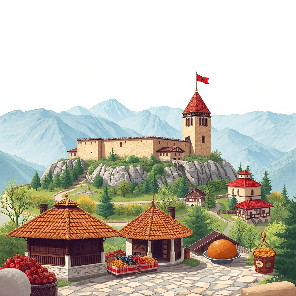 Ultra-high-definition gradient illustration style Komuna e Stravajt illustration, showing the unique charm of the historic Stravaj Castle and the scenic views of the surrounding mountains.