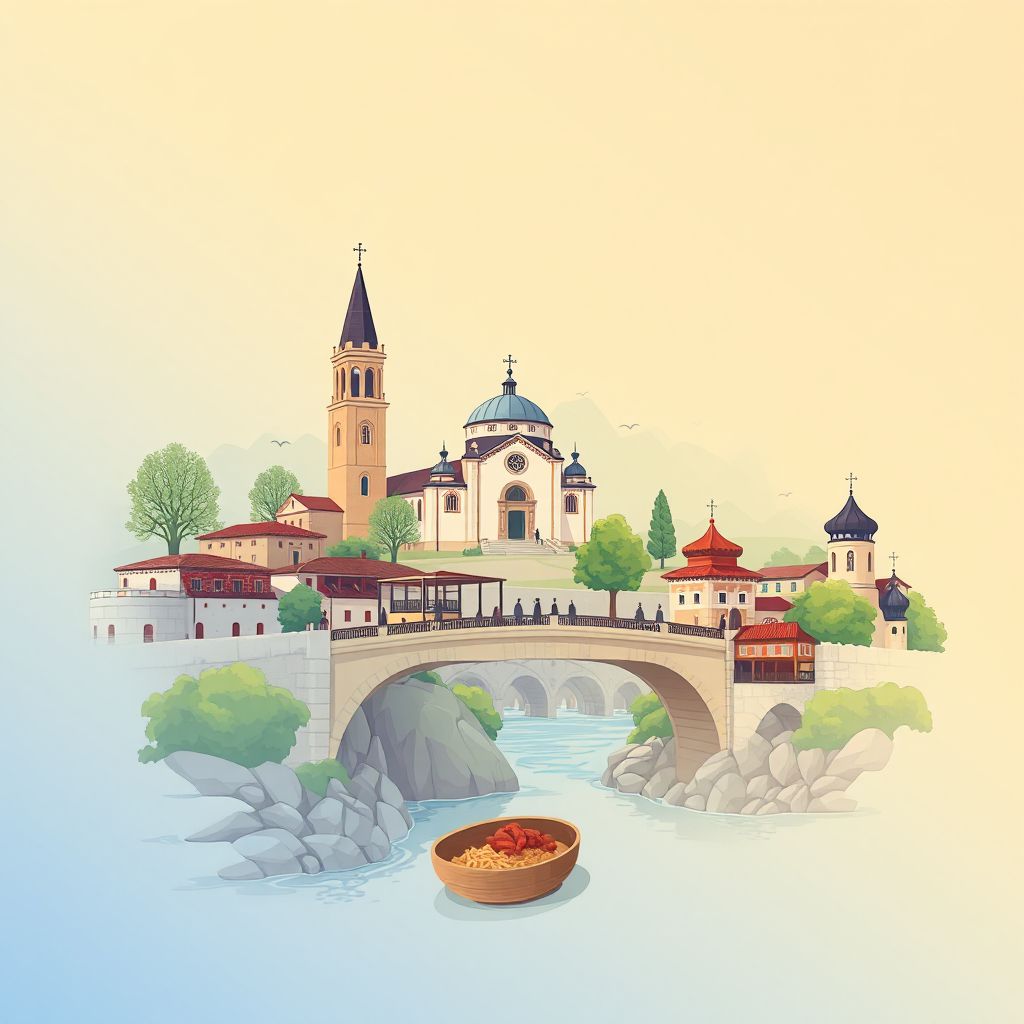 Ultra-high-definition gradient illustration of Komuna e Stebleves, featuring the Church of Saint Mary and the historic bridge over the Shkumbin River.