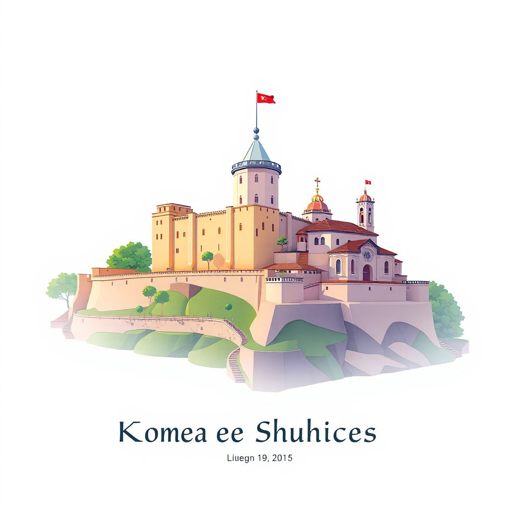 Ultra-high-definition gradient illustration style Komuna e Shushices illustration, showing the unique charm of the Elbasan Castle and the Church of Saint Mary.