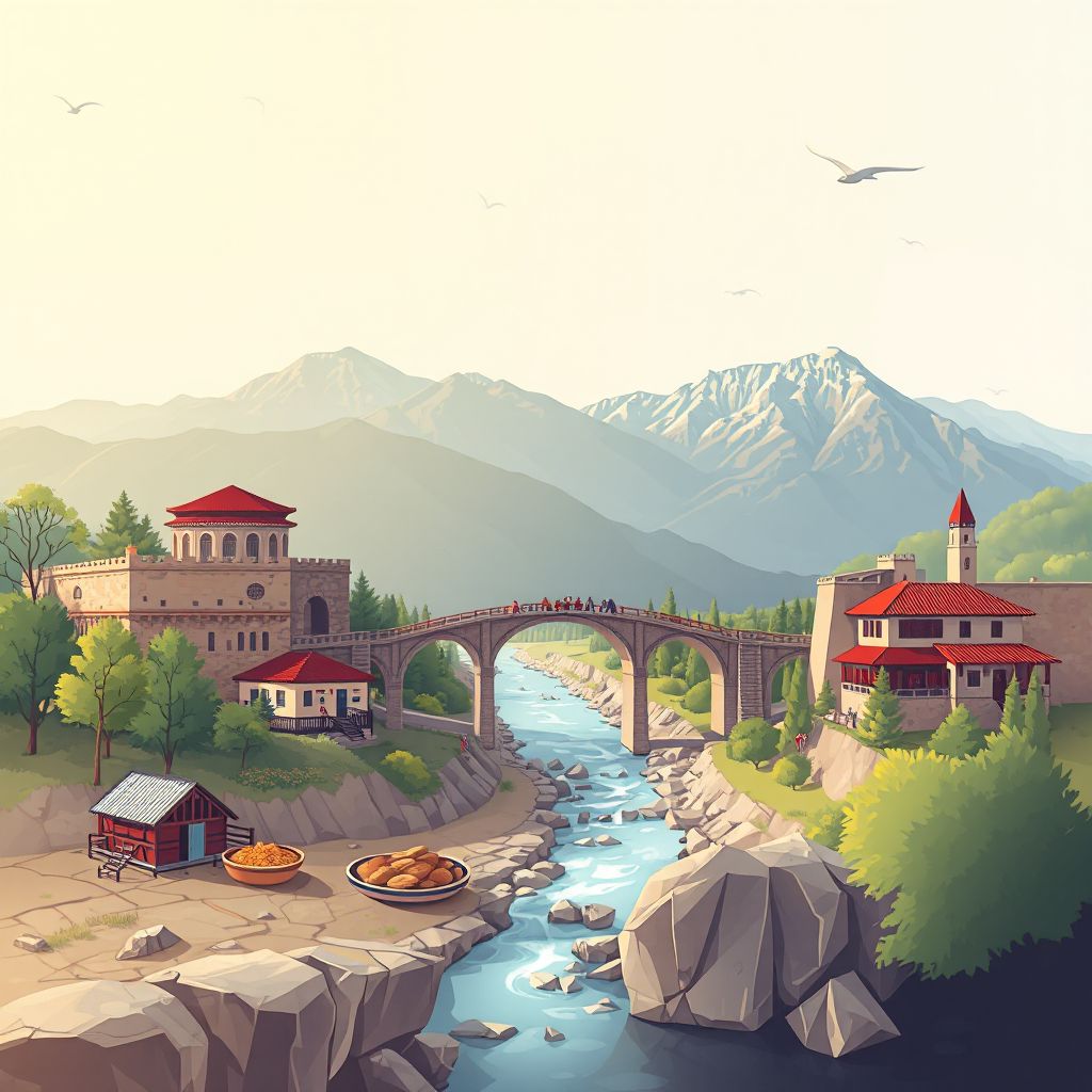 Ultra-high-definition gradient illustration style Komuna e Shupenzes illustration, showing the unique charm of the Shupenza Bridge and Dibra Mountains.