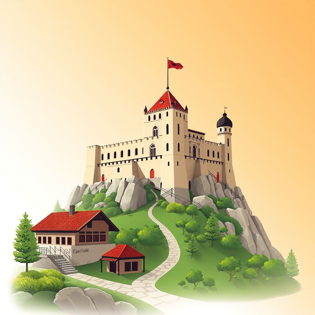Ultra-high-definition gradient illustration style Komuna e Shirgjanit illustration, showing the unique charm of the Elbasan Castle and Tavë Kosi.